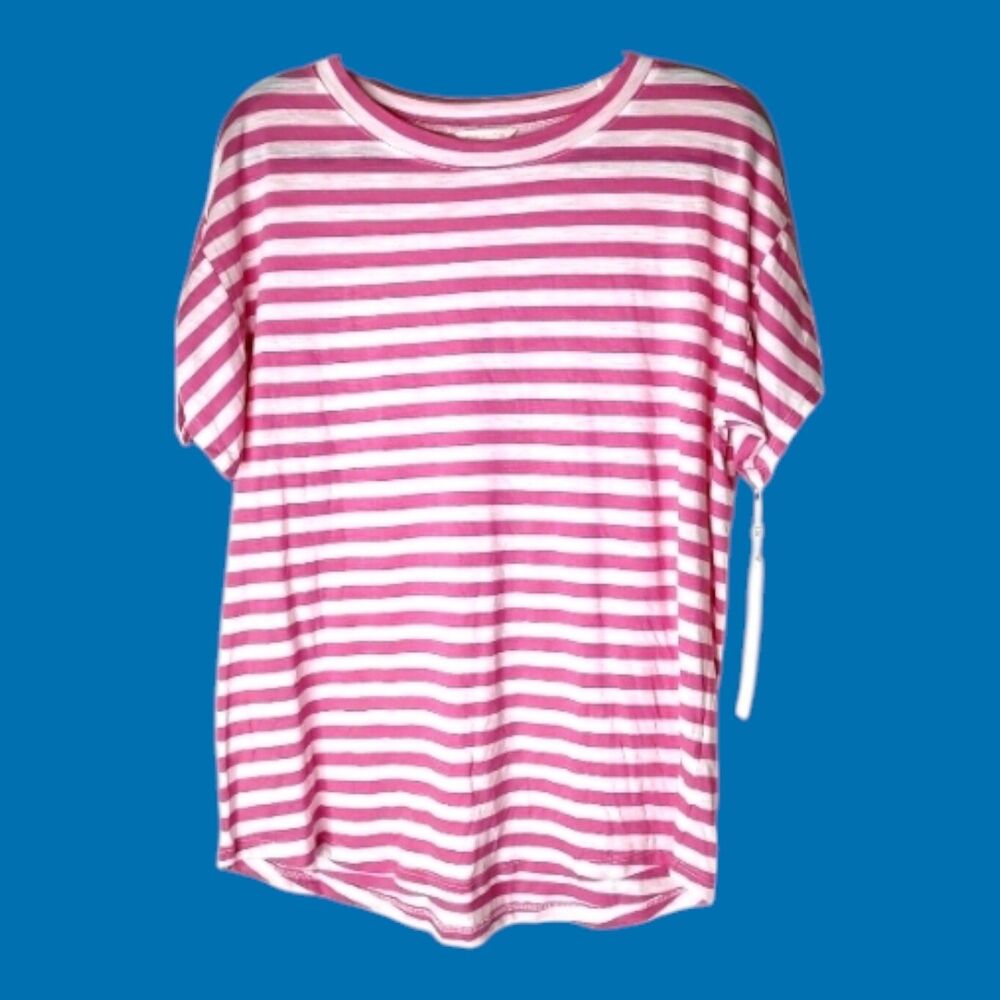 NEW Caslon Pink & White Candy Striped Medium Shirt Bow Sleeves Ladies Tunic Top